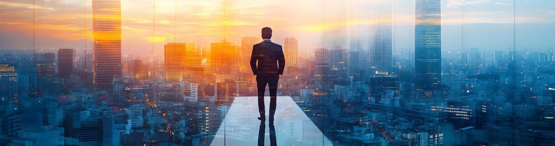 The image depicts a businessman standing in front of a large window overlooking a sprawling cityscape. The sun is setting, casting a warm orange glow over the scene. The businessman is silhouetted against the bright sky, and his reflection is visible in the glass. The city skyline is a mix of modern skyscrapers and older buildings, and there is a sense of bustling activity and growth.  The image is shot from a high angle, giving the viewer a sense of scale and perspective.